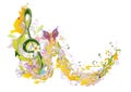 Abstract musical design with a treble clef and colorful splashes and waves. Royalty Free Stock Photo